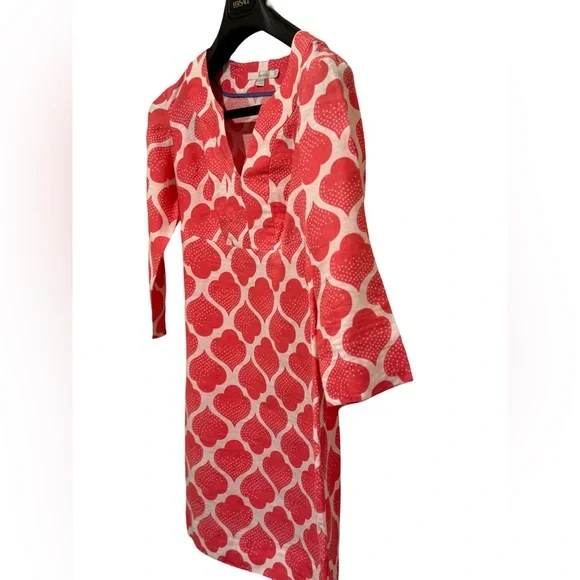 Boden EUC Size 2P Pretty Coral & White 3/4 Length Linen Mini Dress (0554) - Picture 7 of 14